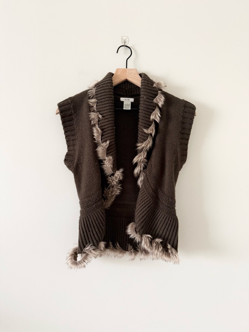 Cache Vintage Brown Faux-Fur Trim Sleeveless Knit Cardigan Vest Size XS
